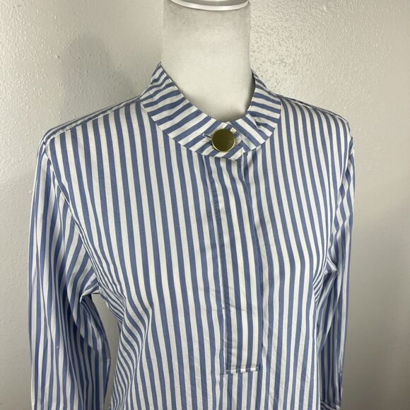 H&M Blouse Women 14 Blue White Vertical Striped Henley Long Sleeve Casual Top - Picture 7 of 14